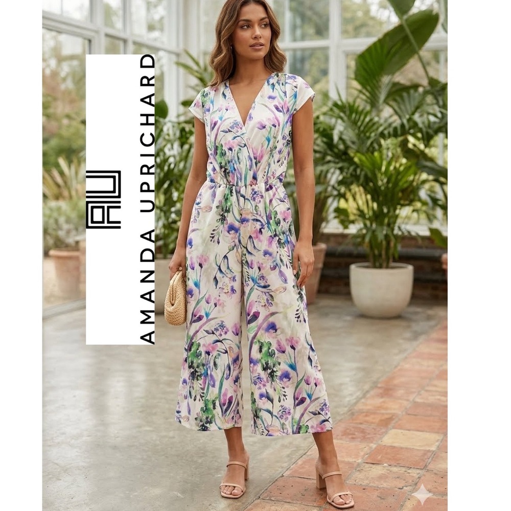 Amanda Uprichard Floral V-Neck Wide‎ Leg Cropped Jumpsuit Culotte White Purple S